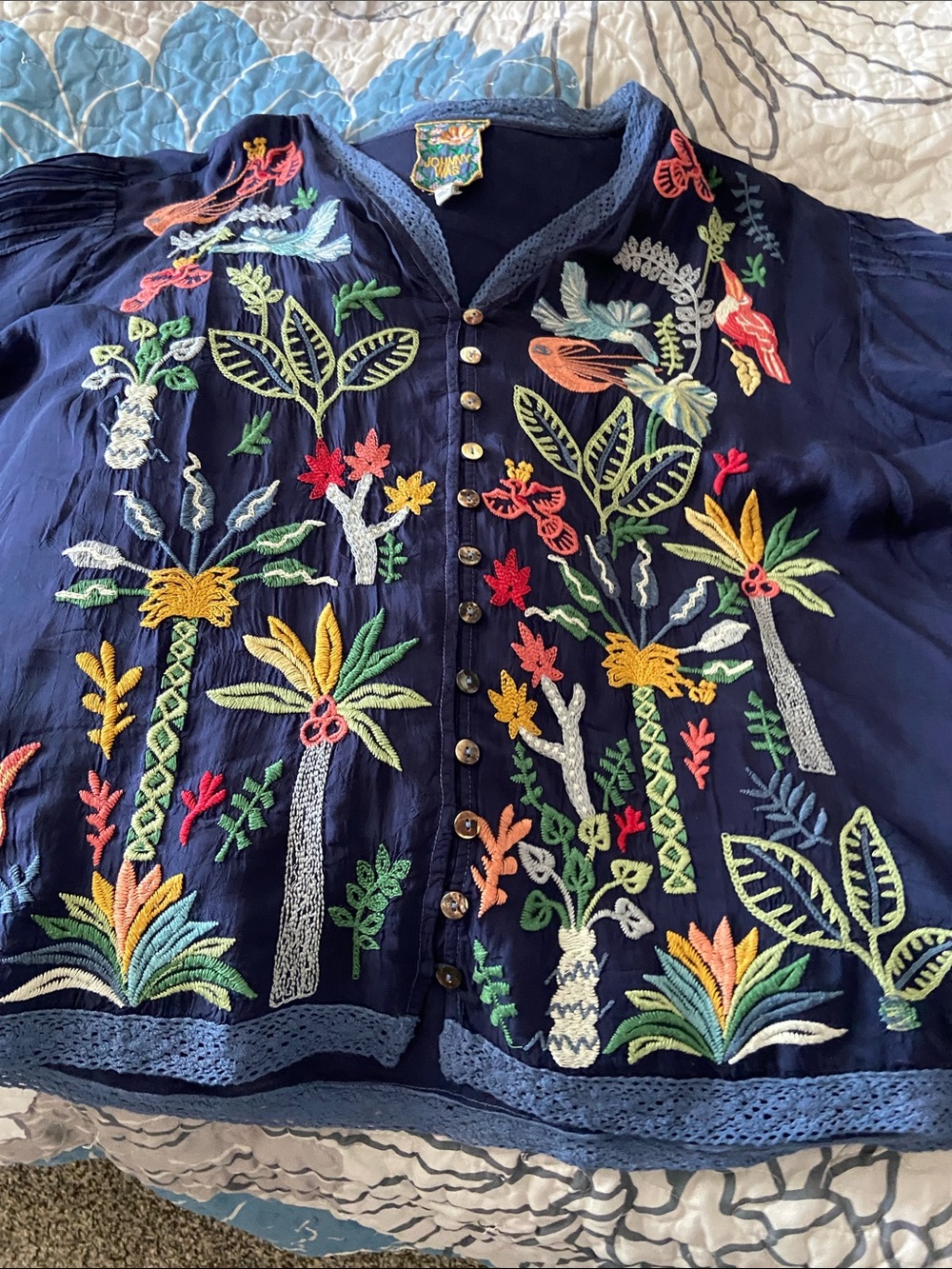 Johnny Was Navy Embroidered blouse